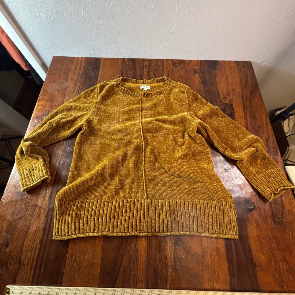 Style & Co Mustard Yellow Chenille Crew Neck Sweater Large Long Sleeve Rib Hem